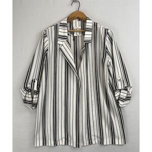 LE LIS‎ Vertical Stripe Open Front Jacket Womens M Black White Roll Sleeve Crepe